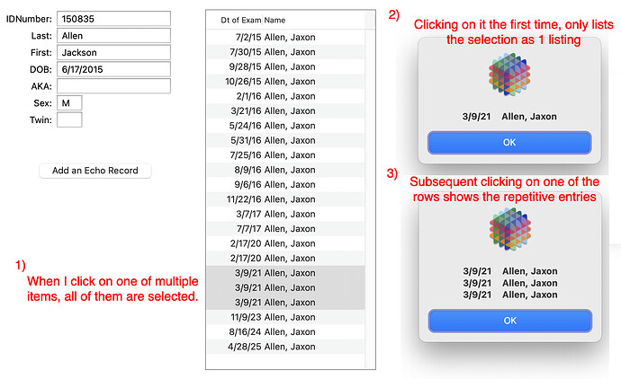 Clicking on a mulitple listing of Exam Dates